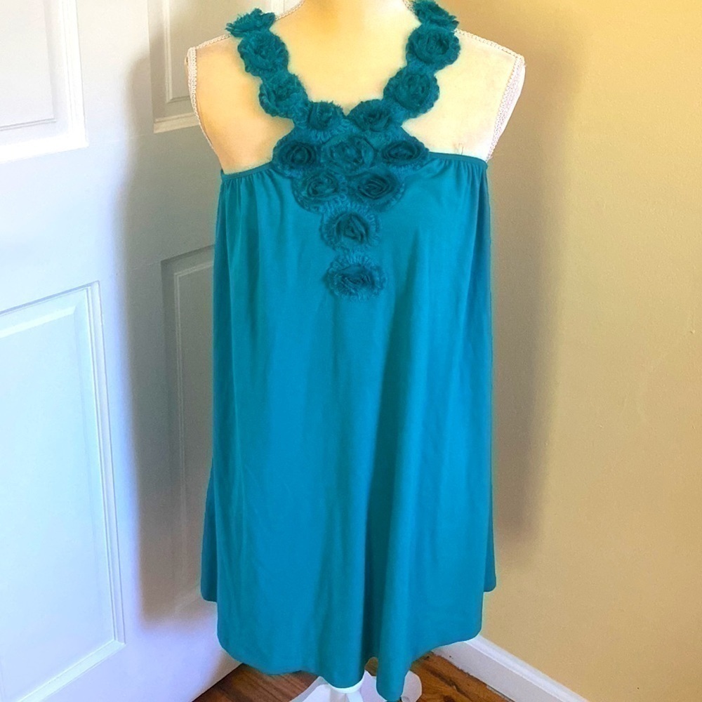 Celebrity Pink turquoise green halter top/dress. Handmade flowers . Size Large.